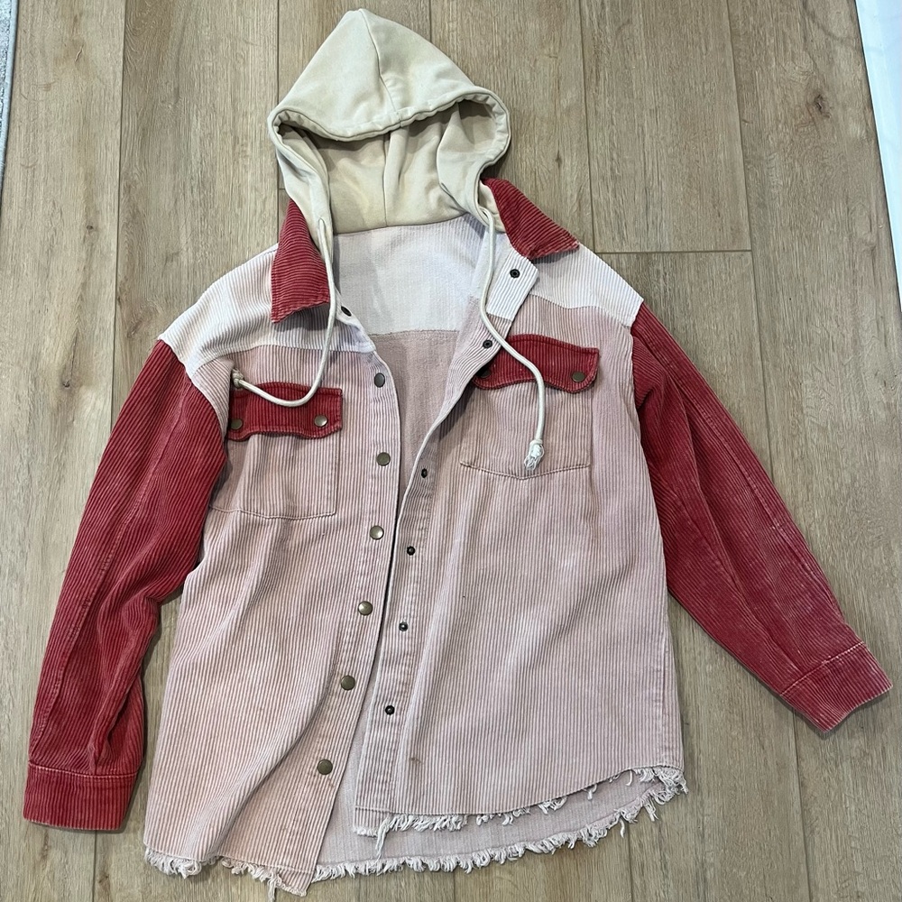 Red and Pink Corduroy Hooded Jacket